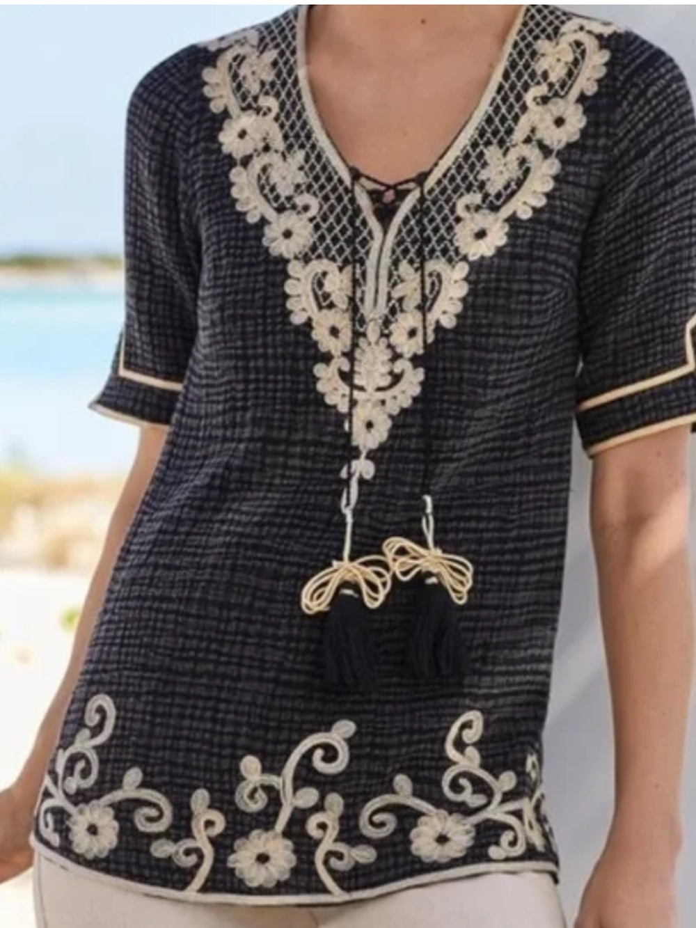 Soft Surroundings Sahara Black Tunic with Cream Embroidery and Tassels 🆕